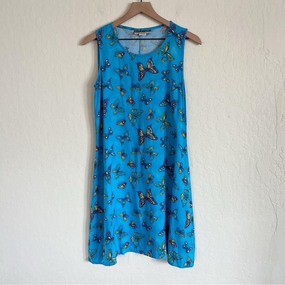 Vintage 90s Notations Clothing Co Sleeveless Dress Small Blue Butterfly Print